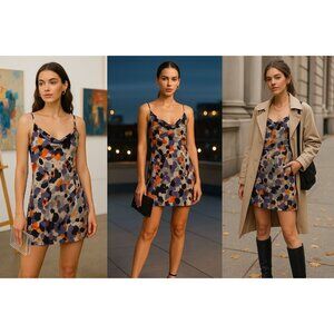 Cabi Women’s Mini Slip Dress Abstract Print S Artcore Espresso Fall Layering